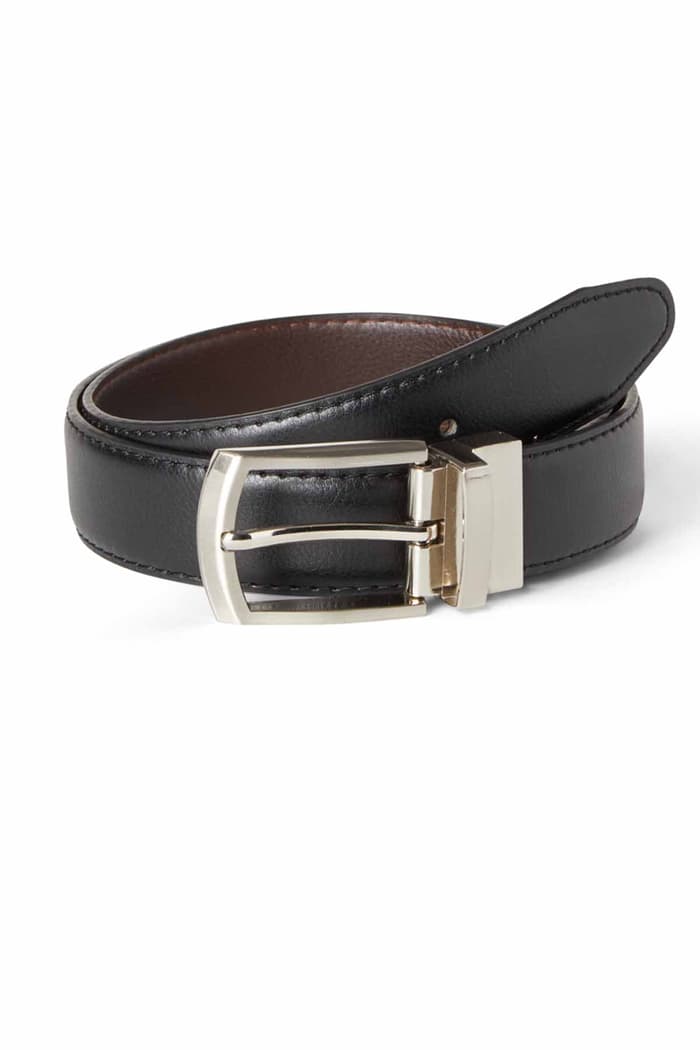 Front view of Black/Brown Reversible Leather Belt 