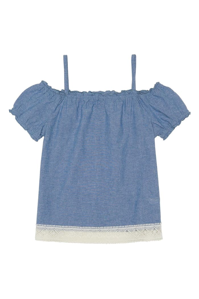 front view of  Short Sleeve Chambray Trim Top