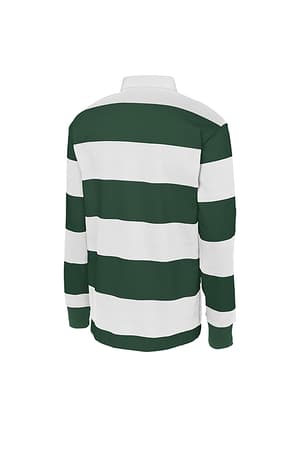 back view of green and white striped rugby polo of  Long Sleeve Rugby Polo