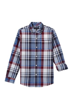 front view of  Long Sleeve Blue Red Plaid Woven Shirt