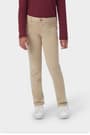 Girl wearing khaki French Toast girls&#39; slim fit stretch Ponte pant, front view showing belt loops and slim leg. of  Girls' Slim Fit Stretch Ponte Pant opens large image - 3 of 4