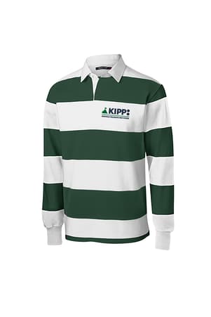 front view of green and white striped rugby polo of  Long Sleeve Rugby Polo