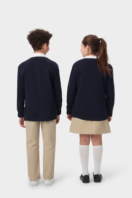 Back view of boy and girl wearing navy French Toast v-neck cardigan sweaters, highlighting ribbed hem. of  V-Neck Sweater Cardigan