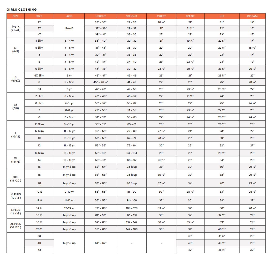 Girls Clothing Size Charts Blouses Skirts More French Toast