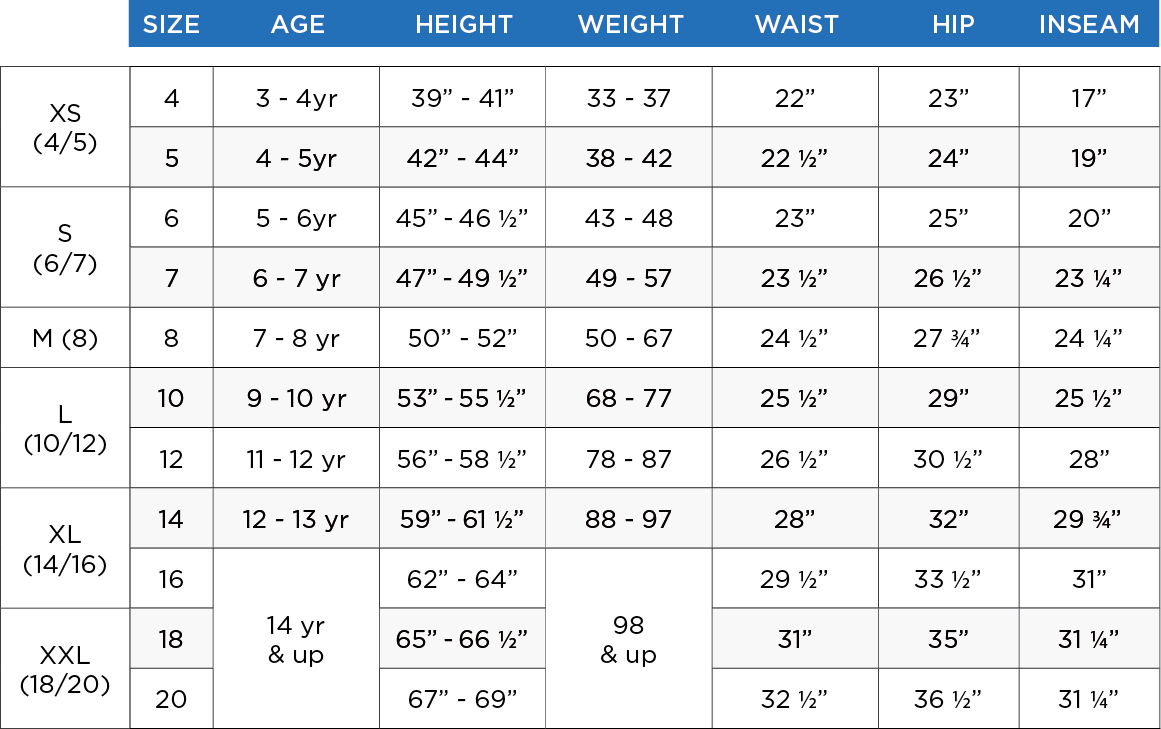 children's us clothing size chart