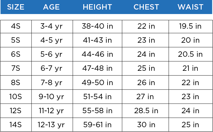 boy xl size chart