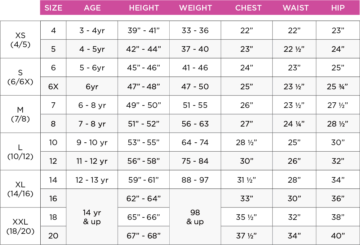 Girls Size Chart Customer Service French Toast