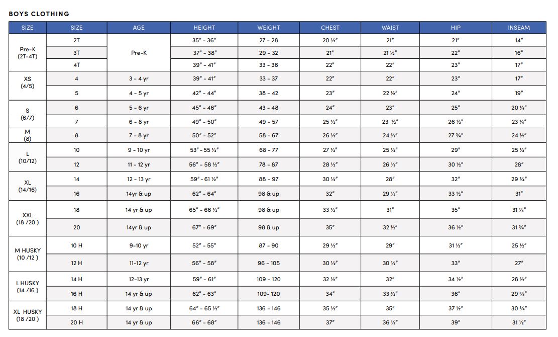 Boys Size Chart Pants Shirts More French Toast