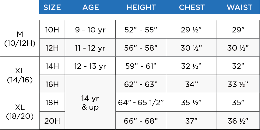 boys youth size chart