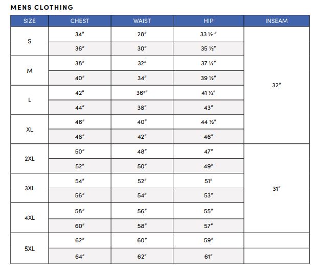 Free 31: Men's Clothing Size Chart Canada