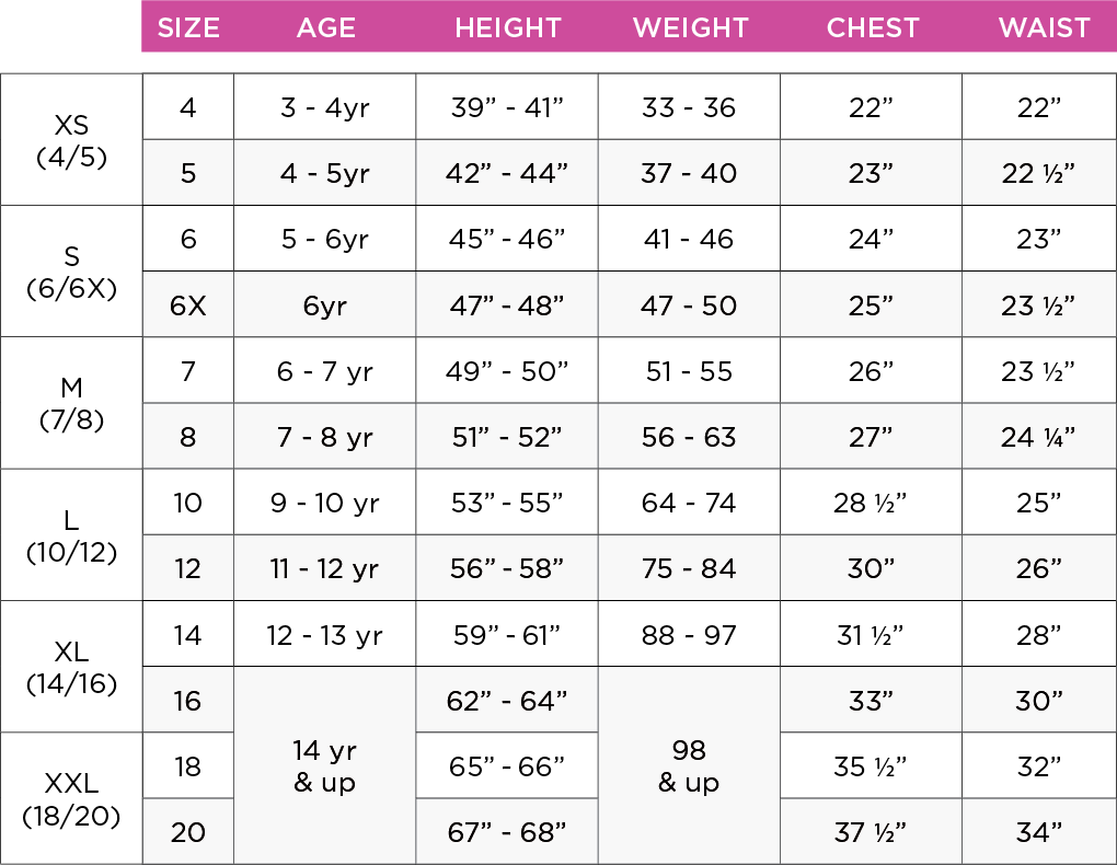 Couture Girls Size Chart