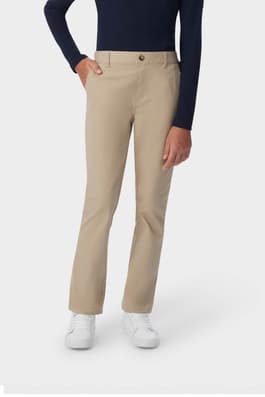 Front view of girl wearing khaki girls' pull-on straight fit stretch twill pant, showing waistband and side pockets. of  Girls' Pull-On Straight Fit Stretch Twill Pant