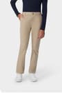 Front view of girl wearing khaki girls' pull-on straight fit stretch twill pant, showing waistband and side pockets. of  Girls' Pull-On Straight Fit Stretch Twill Pant opens large image - 3 of 4