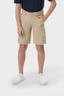 Boy in khaki French Toast flat front performance shorts, showing above-knee length with moisture-wicking fabric, front view. of  Boys' Flat Front Stretch Performance Short opens large image - 3 of 5