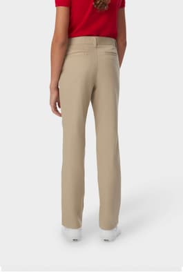 Girl wearing khaki French Toast straight fit stretch twill pant, back view showcasing belt loops and slash pockets. of  Girls' Straight Fit Stretch Twill Pant