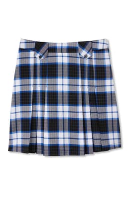 front view of  Front Pleated Plaid Skirt with Tabs