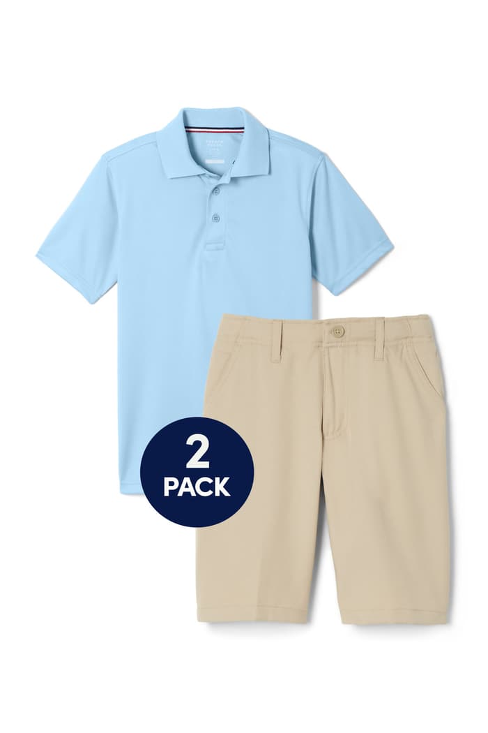 Front view of a performance polo shirt and performance shorts laid out side by side of  Performance Sport Polo & Short Bundle