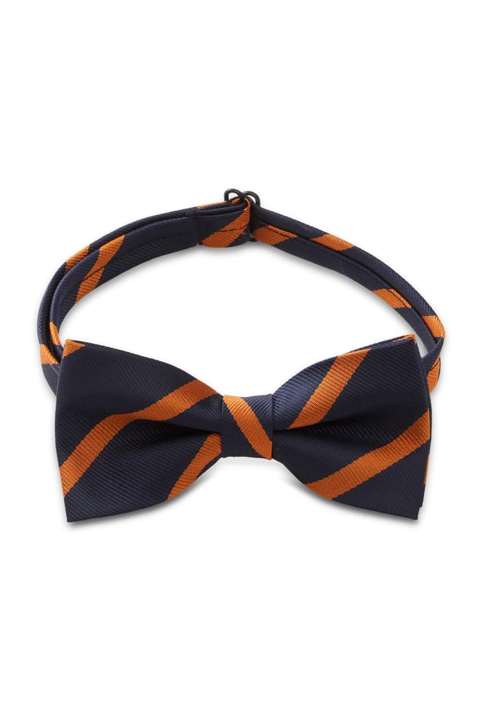 Front view of NEW Navy with Orange Stripes Adjustable Bow Tie 