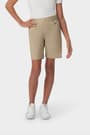 Front view of girl wearing khaki French Toast girls&#39; pull-on twill short, showing mock button fly and midi length. of  Girls' Pull-On Twill Short opens large image - 3 of 4