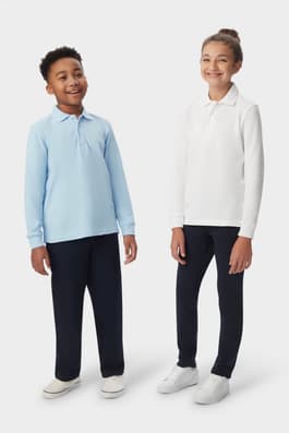 Boy and girl wearing French Toast long sleeve pique polo shirts in blue and white, front view showing collar and long sleeves. of  Long Sleeve Piqué Polo