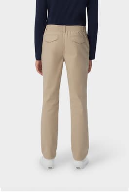 Back view of girl wearing khaki girls' pull-on straight fit stretch twill pant, showing elastic back waistband and straight leg. of  Girls' Pull-On Straight Fit Stretch Twill Pant
