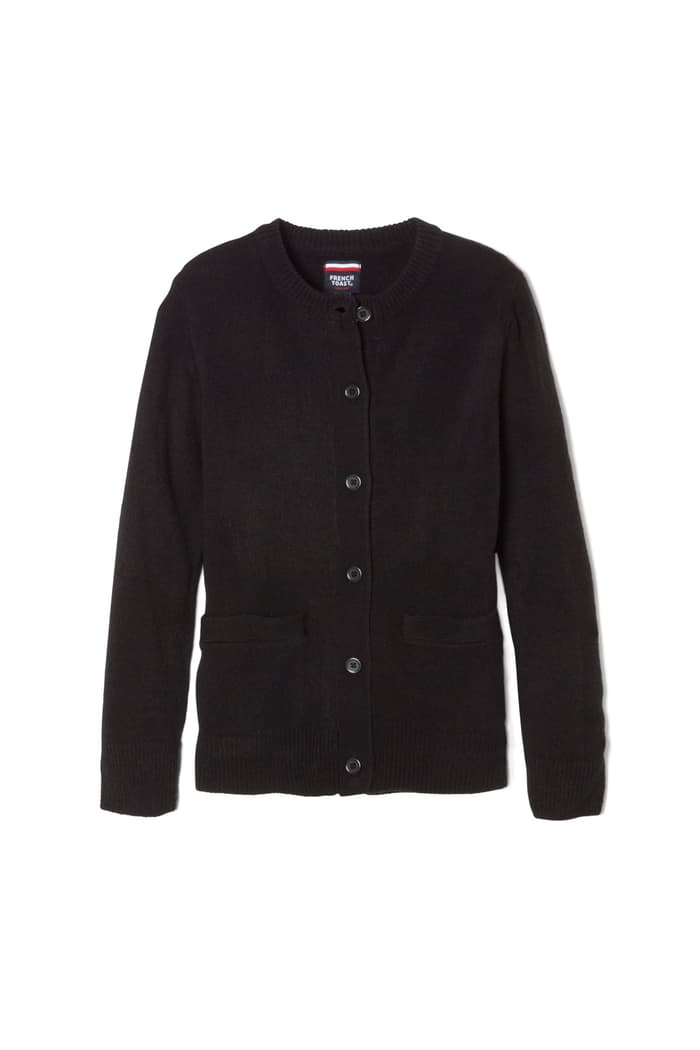 Front view of Girls Anti-Pill Crew Neck Cardigan Sweater - FINAL SALE 