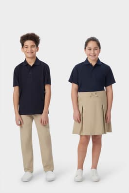 Boy and girl wearing navy French Toast short sleeve performance polos, front view showcasing moisture wicking fabric.