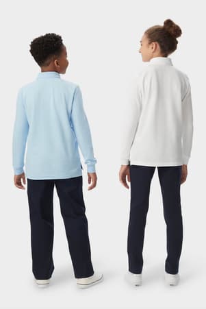 Back view of boy and girl wearing French Toast long sleeve pique polo shirts, showing fit and long sleeve rib cuff. of  Long Sleeve Piqué Polo
