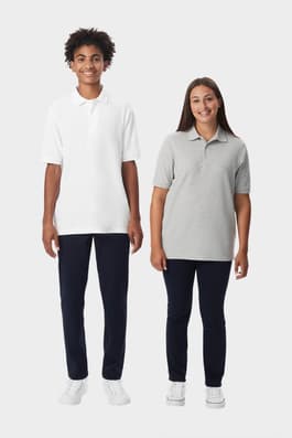 Adult man and woman wearing French Toast polo shirts in white and heather grey, front view showing fit of adult size range. of  Short Sleeve Pique Polo