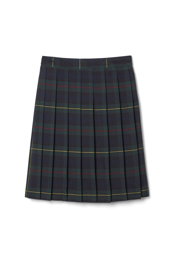 Front view of At The Knee Plaid Pleated Skirt 