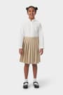 Front view of girl wearing khaki French Toast at the knee pleated skirt, showing knee length and all around knife pleats.