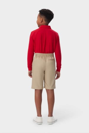 Back shot of boy wearing khaki French Toast boys&#39; pull-on twill short, showcasing elastic back waist and classic styling. of  Boys' Pull-On Twill Short
