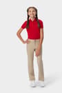 Front view of girl wearing khaki French Toast girls&#39; straight fit stretch twill pant, showing waistband and straight leg fit. of  Girls' Straight Fit Stretch Twill Pant opens large image - 3 of 5