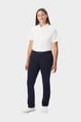 Front view of young woman wearing navy French Toast straight fit stretch twill pant, showing button waistband and straight leg. of  Girls' Straight Fit Stretch Twill Pant opens large image - 5 of 5