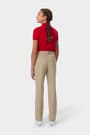 Girl wearing khaki French Toast straight fit stretch twill pant, back view showcasing belt loops and slash pockets.  of  Girls' Straight Fit Stretch Twill Pant opens large image - 4 of 5