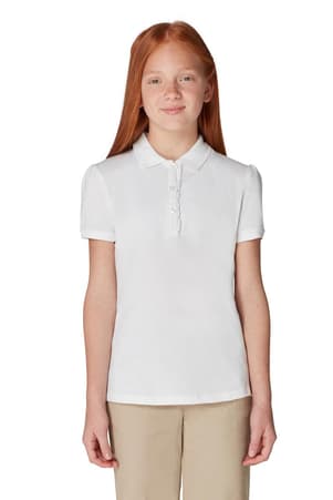 front on figure view of  Short Sleeve Ruffle Polo (Feminine Fit)