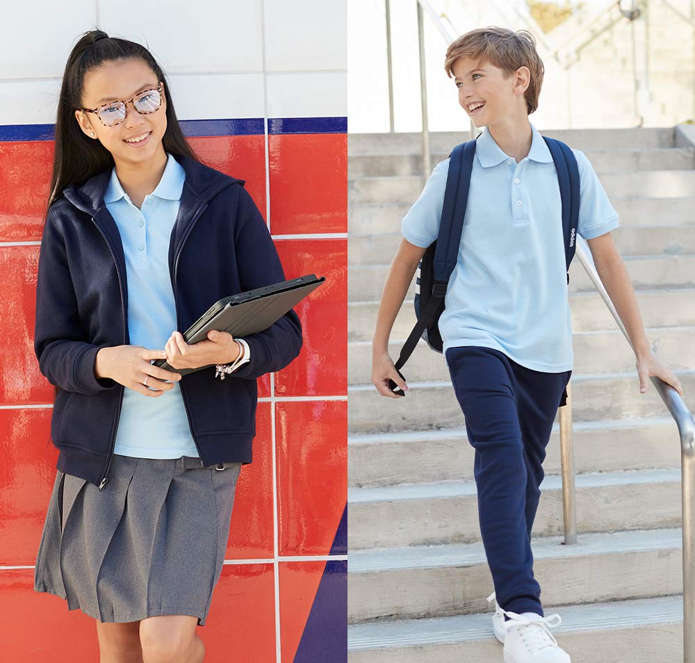 girl and boy wearing blue pique polos