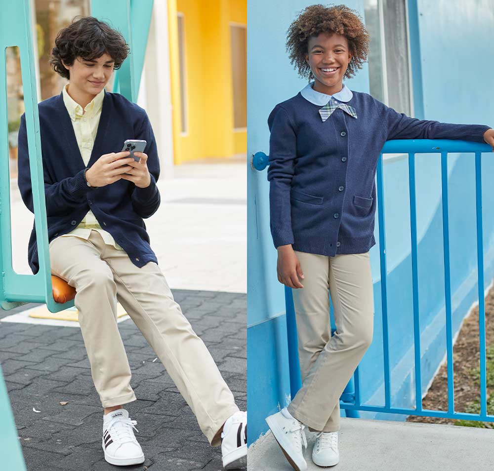 boy and girl wearing khakis and cardigans