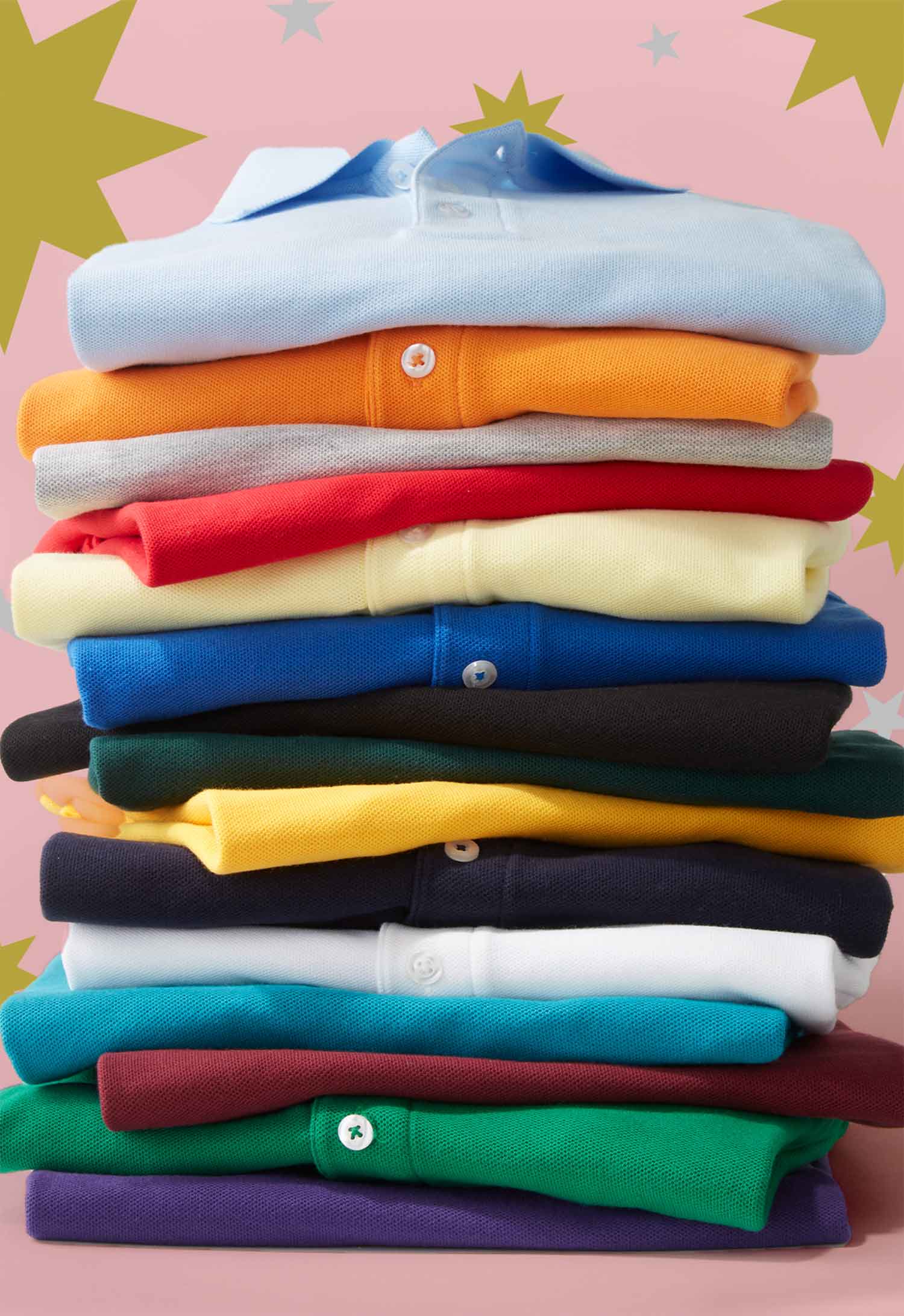 stack of pique polos in a wide range of colorways