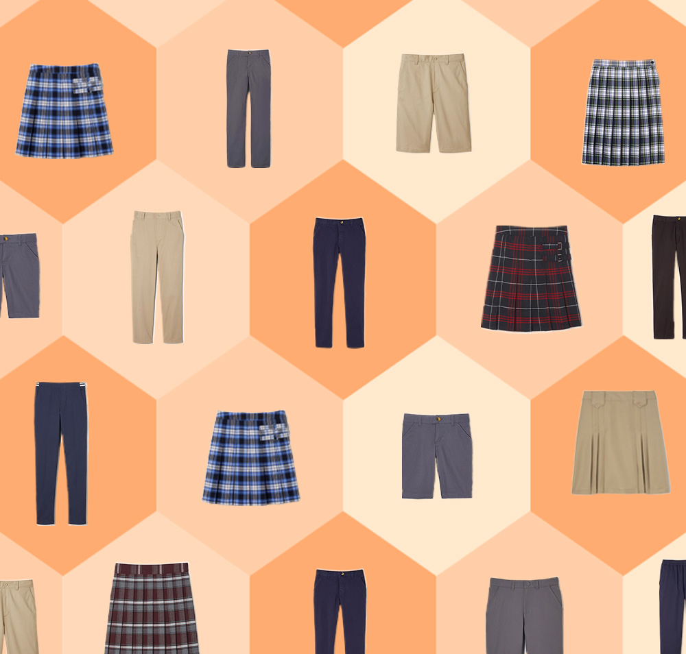 pants, shorts, and skirts in an orange hexagonal grid