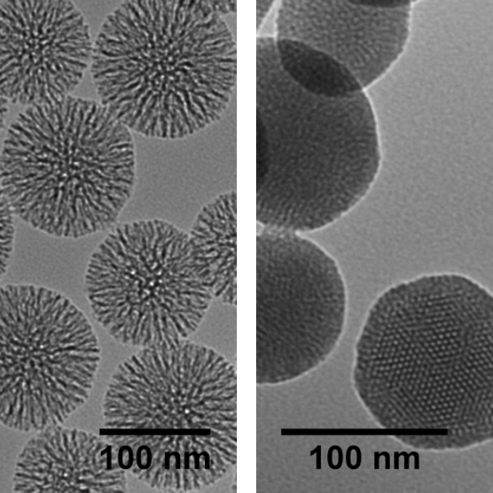 Mesoporous Silica – radial (left) versus hexagonal (right) pore geometries