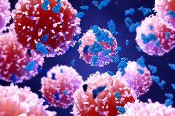 3d illustration proteins with lymphocytes, t cells or cancer cells