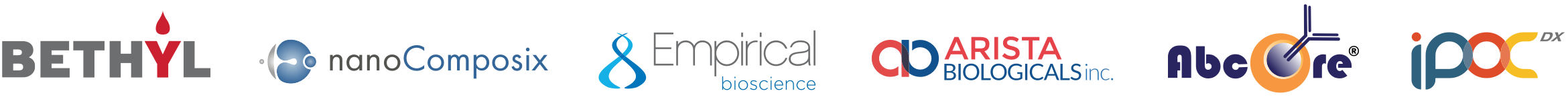 Logos: Bethyl, nanoComposix, Empirical Bioscience, Arista Biologicals, Abcore, and iPOC