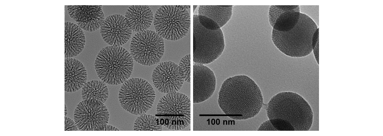 TEM images demonstrating radial (left) versus hexagonal (right) pore geometries