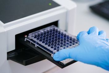 ELISA plate to measure OD with microplate reader. Microtiter plate (96 well) reader for biochemistry analysis.