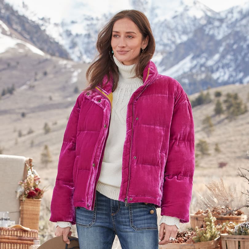 Velvet puffer cheap jacket pink