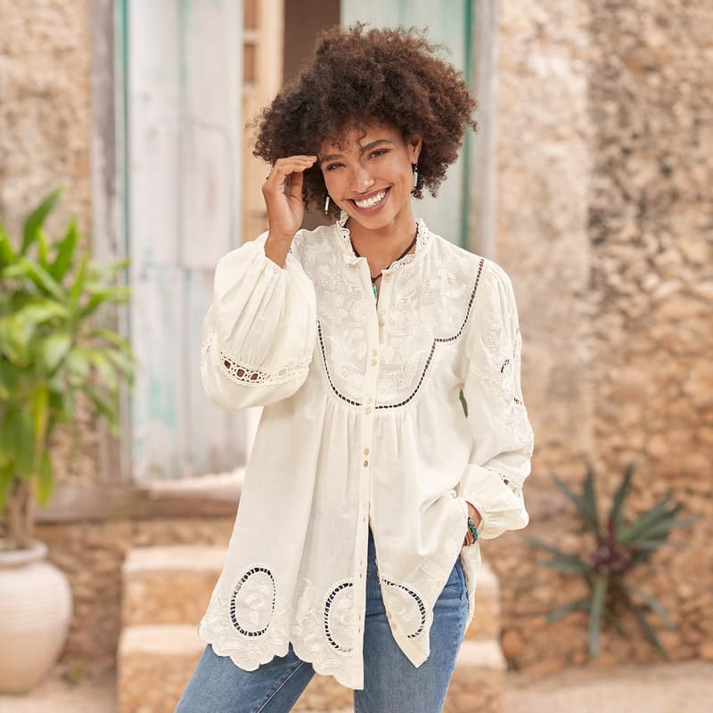 Embroidered Eyelet Turquoise Cotton Tunic Top