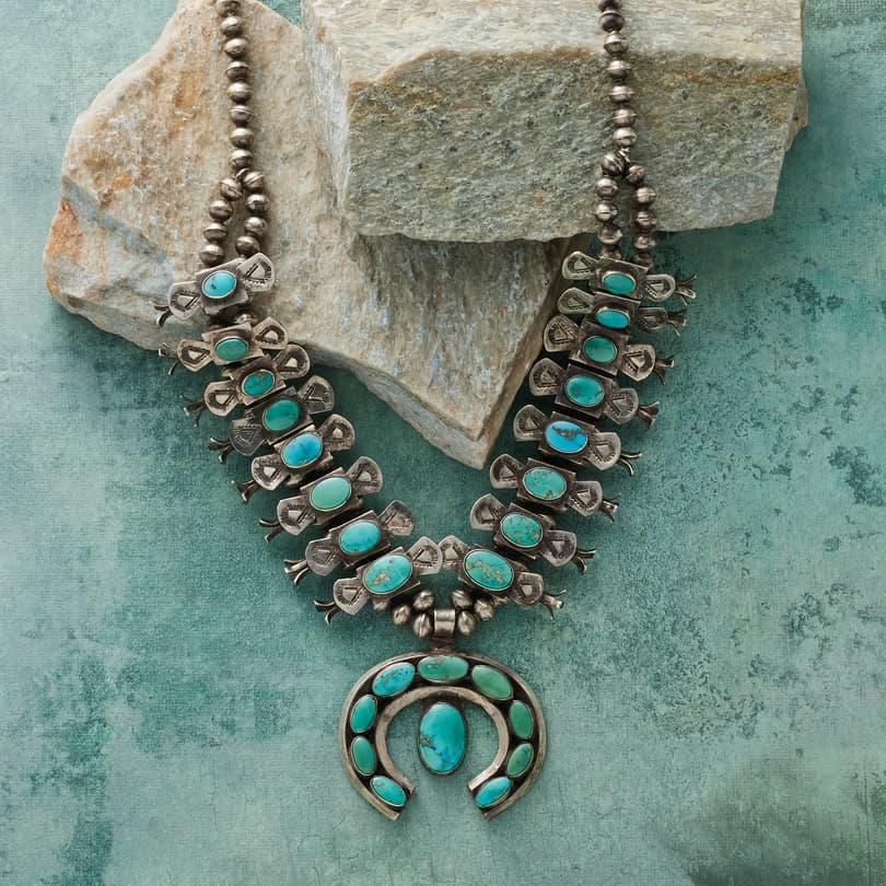 Vintage Navajo Squash Blossom Necklace, Natural Blue Turquoise