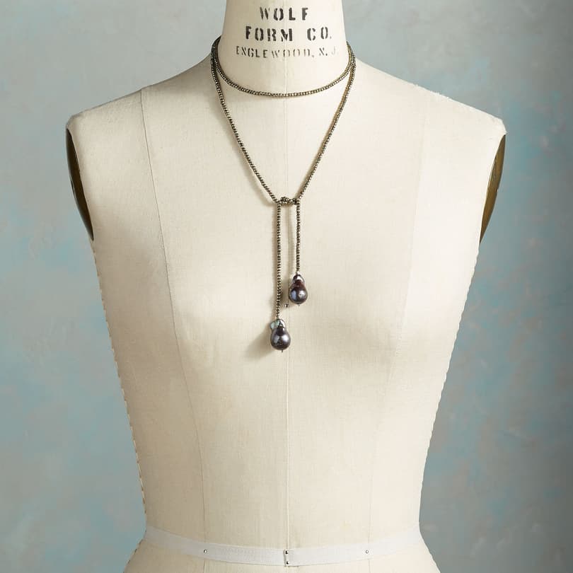 PYRITE AND PEARL LARIAT NECKLACE view 2