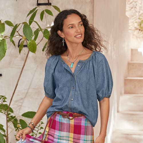 Chambray Graceful Days Top, Petite View 4C_CHMB